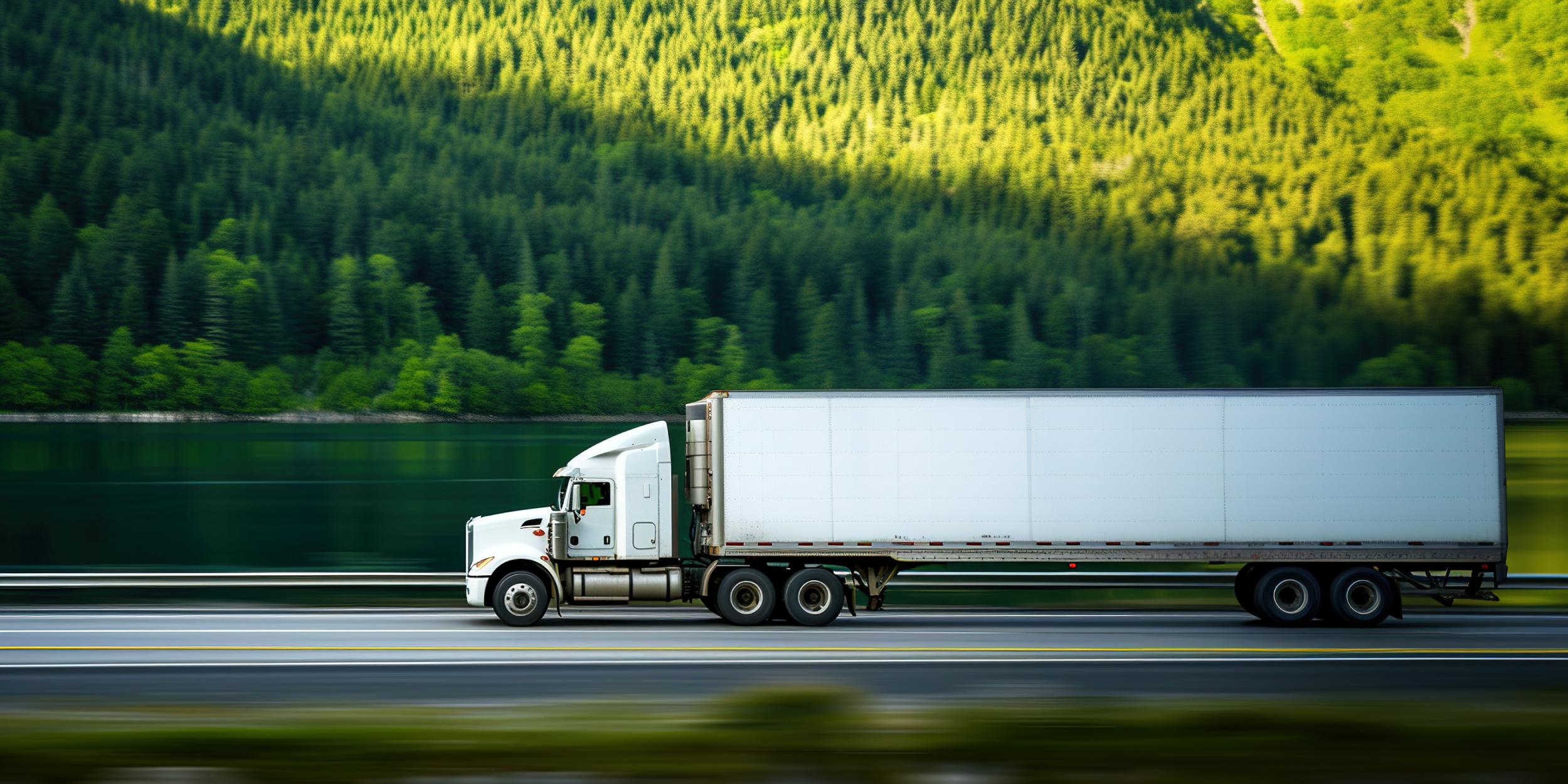 A large white semi truck was driving on the road near the lake. Commercial cargo semi-truck in a refrigerated semi-trailer along the road with green trees near the lake
